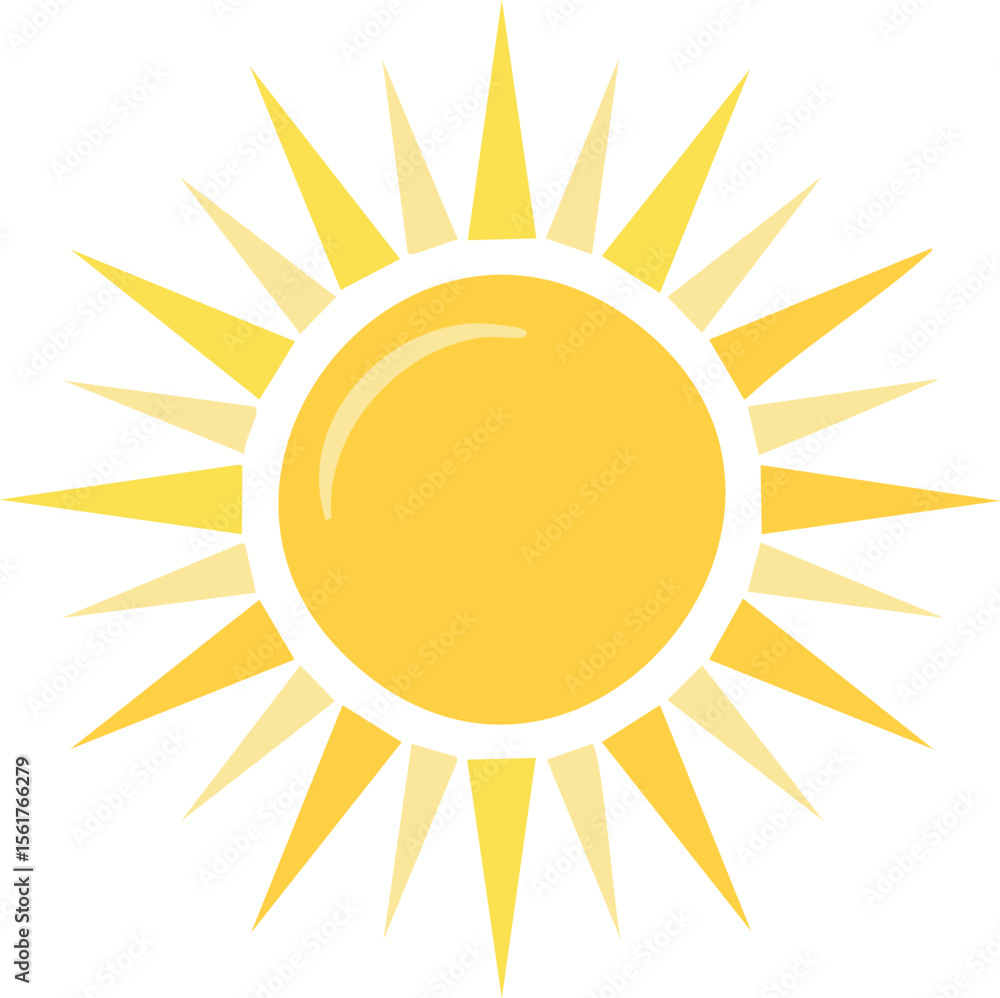 Vector Stylized Sun Illustration with Bright Yellow Rays and Glossy Circular Center on White Background Vector Stylized Sun Illustration with Bright Yellow Rays and Glossy Circular Center on White Background
