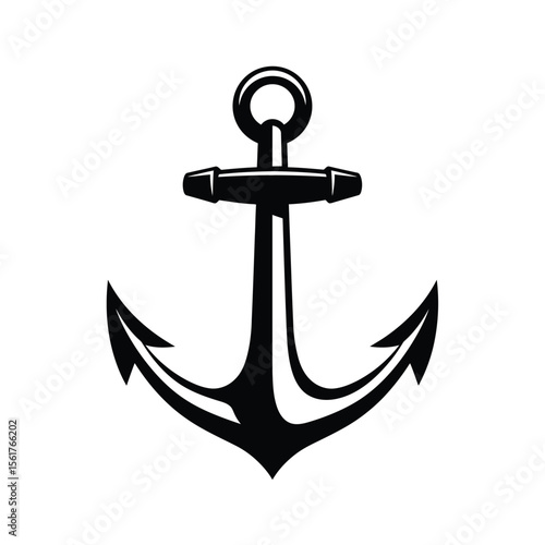 Anchor emblem in black isolated silhouette style, bold and clean lines, centered design, minimal nautical theme, no background, vector style suitable for logos, tattoos, or stamps.