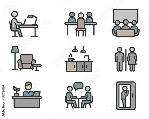 Coworking Space Icon Set. Flat icon set of office zones in coworking spaces: hot desk, team area, conference