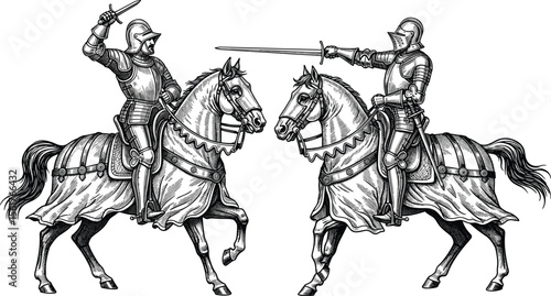 Woodcut illustration of fighting knights, horsemen. Vintage grunge vector design element for artworks, poster, cards, web and collages.