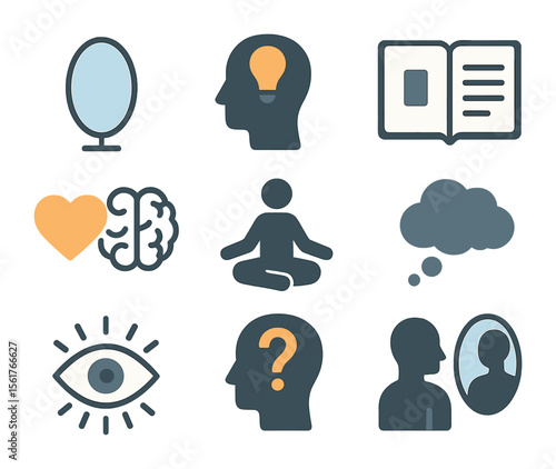 Self-Reflection Icon Set. Flat icon set of self-awareness and personal reflection: mirror, silhouette head