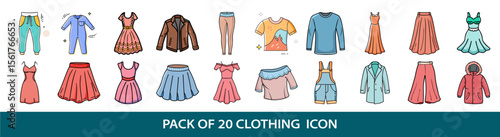Colorful set of fashion clothing icon with simple and cartoon style