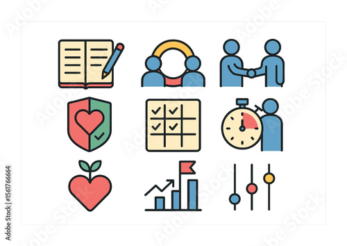 Relationship Habits Icon Set. Flat icon set of relationship habits and self-growth: daily journal,