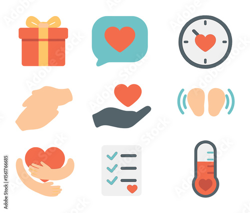 Love Languages Icon Set. Flat icon set of love languages and emotional needs: gift box, words bubble, clock