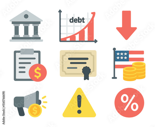 Public Debt Icons. Flat icon set of public debt indicators: government building, debt chart, downward arrow,