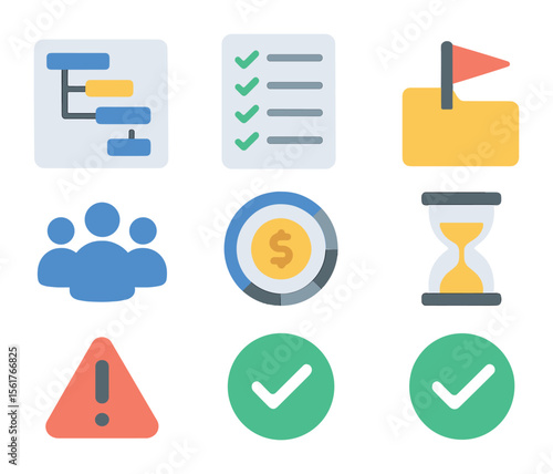 Project Management Icons. Flat icon set of project management tools: Gantt chart, task list, project folder,