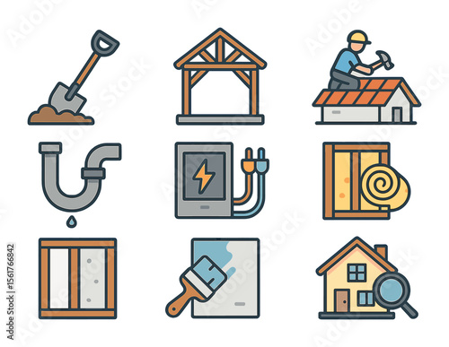Construction Milestone Icons. Flat icon set of construction milestones: groundbreaking shovel, framework stage