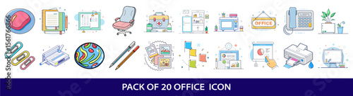 A collection of twenty illustrated office icon illustrations for commercial use