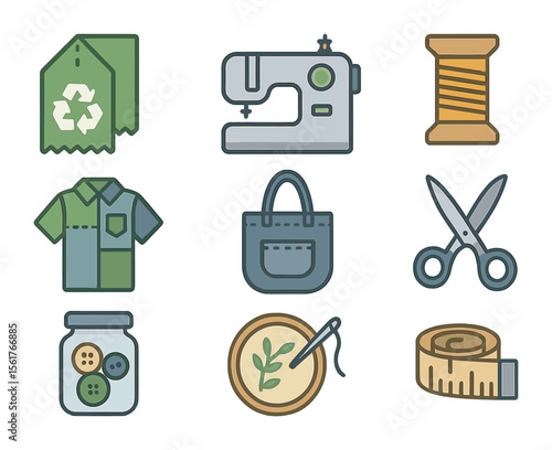 Eco DIY Fashion Icons. Flat icon set of eco-friendly DIY fashion: recycled fabric, sewing machine, thread