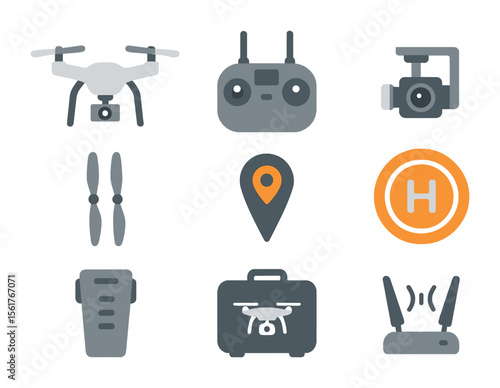 Drone Photography Essentials. Flat icon set of drone photography gear: quadcopter, controller, camera gimbal,
