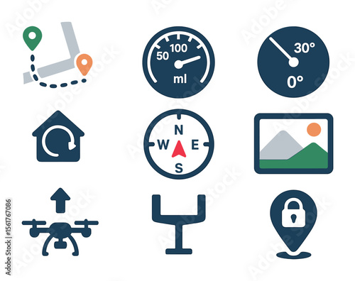 Drone Navigation Icons. Flat icon set of drone navigation interface: flight path map, altitude meter, camera