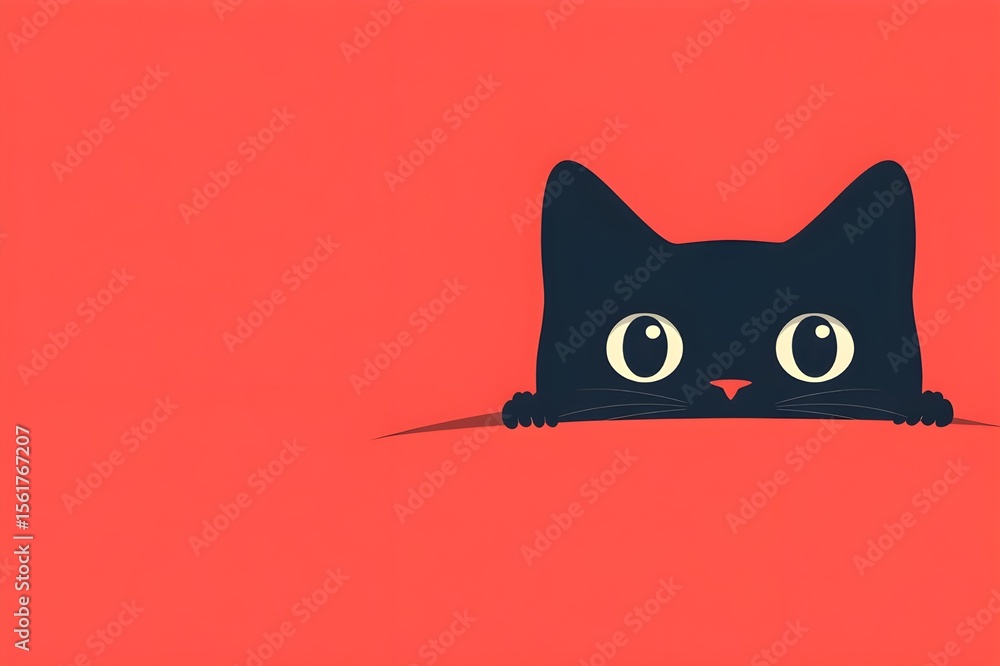 Fototapeta premium Illustration of a black cartoon cat with round eyes peeking out from under a blanket-like shadow on a bright red surface, ears and eyes appearing full on a blank red background
