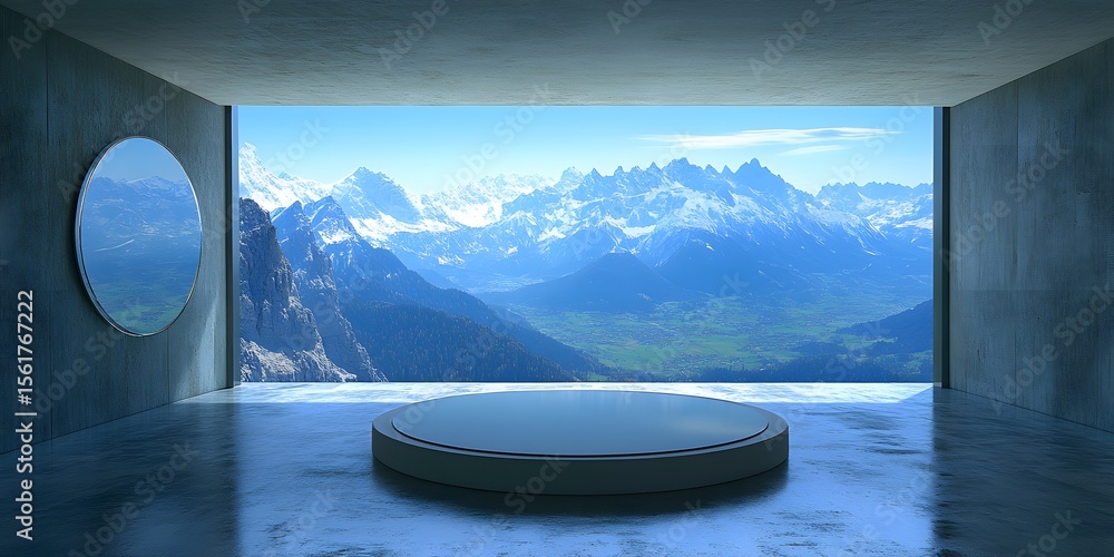 Fototapeta premium Stunning Mountain View Minimalist Room with Circular Platform