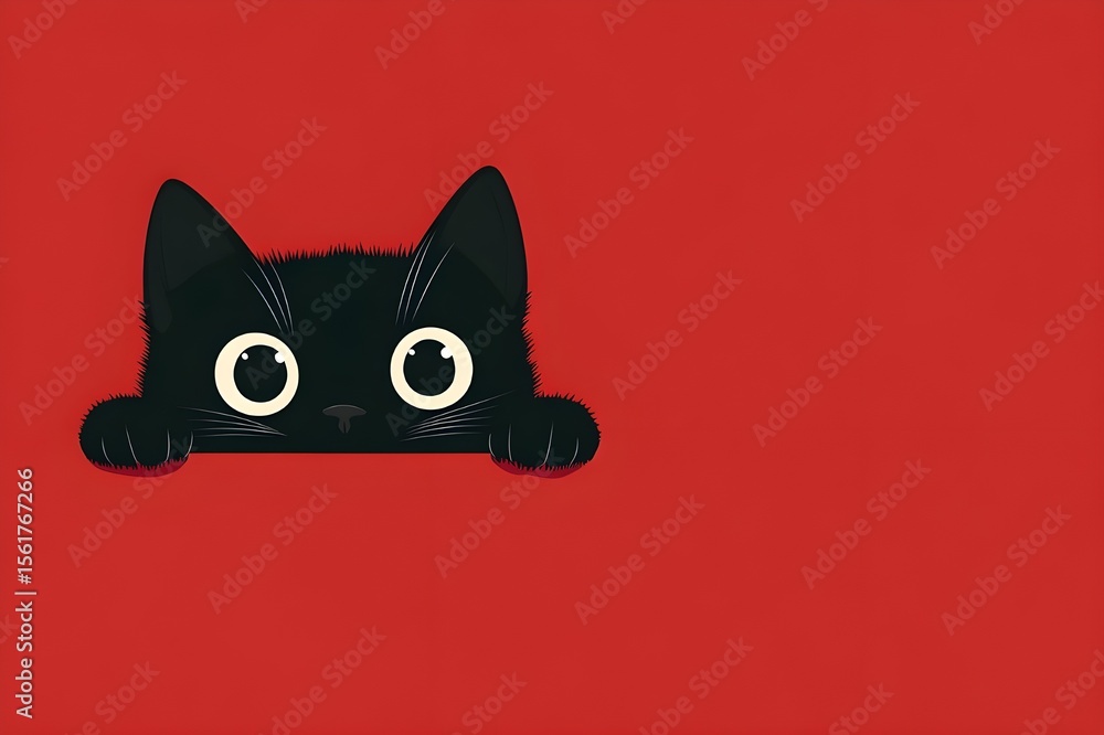 Obraz premium Illustration of a black cartoon cat with round eyes peeking out from under a blanket-like shadow on a bright red surface, ears and eyes appearing full on a blank red background