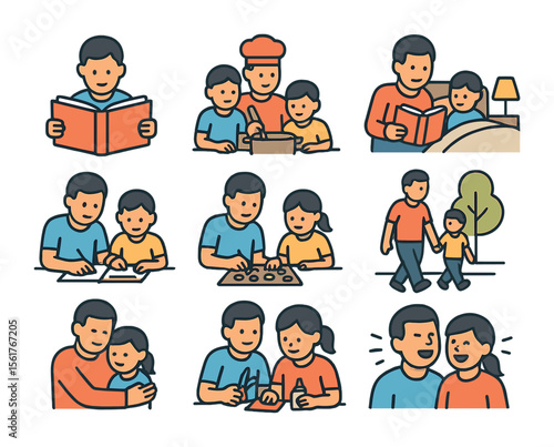 Parent-Child Bonding Icons. Flat icon set of parent-child bonding activities: reading together, cooking as a