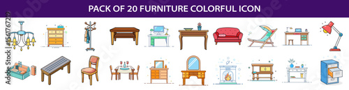A Colorful and Diverse Collection of Twenty Furniture Icons in Vector Format