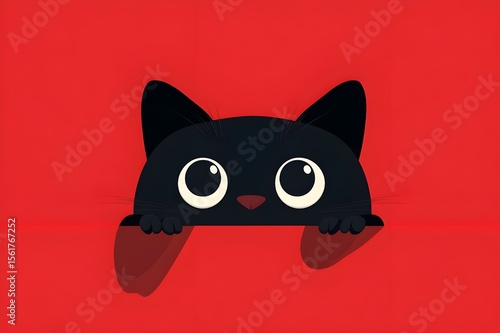 Illustration of a black cartoon cat with round eyes peeking out from under a blanket-like shadow on a bright red surface, ears and eyes appearing full on a blank red background