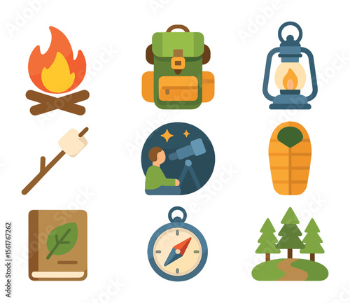 Camping Icon Set. Flat icon set of camping for wellness: campfire, backpack, lantern, marshmallow stick,