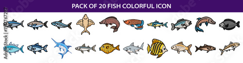 A collection of twenty diverse and colorful fish icons in cartoon style