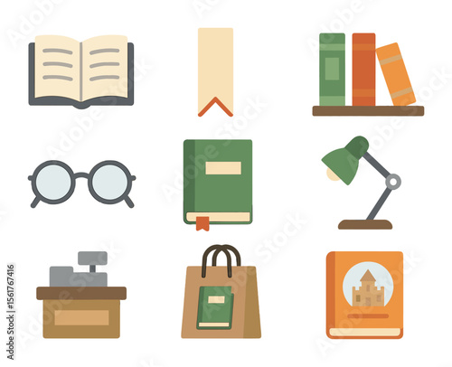 Local Bookstore Icons. Flat icon set of local bookstore: open book, bookmark, bookshelf, glasses, journal,