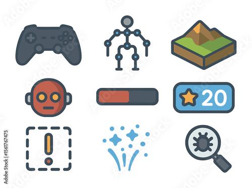 VR Game Icon Set. Flat icon set of VR game development: game controller, avatar rig, terrain model, enemy AI,