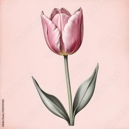 Wallpaper Mural Pink tulip on a stem with green leaves against a pink background Torontodigital.ca