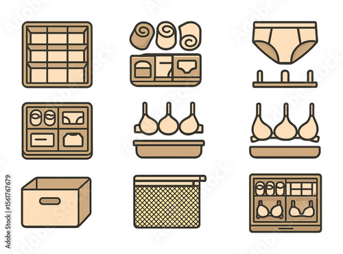 Undergarment Organizer Icons. Flat icon set of undergarment drawer organization: drawer divider, rolled socks,