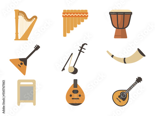 Global Folk Instruments Icons. Flat icon set of global folk genres: Celtic harp, Andean flute, African drum,