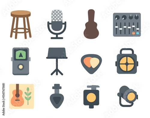 Acoustic Setup Icons. Flat icon set of acoustic performance setup: wooden stool, condenser mic, guitar case,