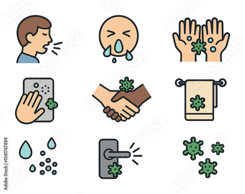 Germ Transmission Icons. Flat icon set of germ transmission: coughing person, sneezing face, unwashed hands,