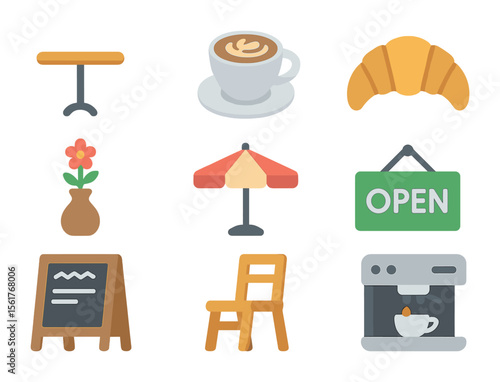 Outdoor Cafe Icons. Flat icon set of outdoor cafes: bistro table, cappuccino cup, croissant, café umbrella,
