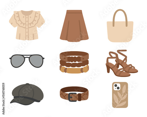 Street Fashion Icons. Flat icon set of street fashion looks: ruffle blouse, midi skirt, canvas tote, aviator