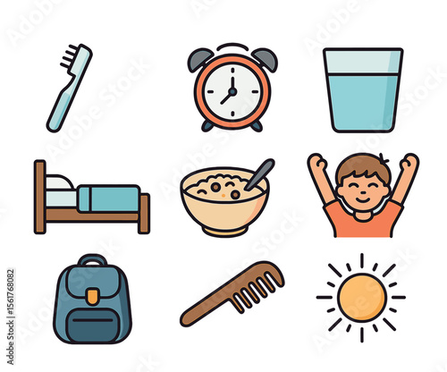 Kid's Morning Icons. Flat icon set of healthy morning routines for kids: toothbrush, alarm clock, water glass,
