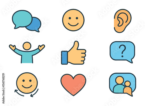Positive Communication Icons. Flat icon set of positive communication: speech bubbles, smiling face, listening