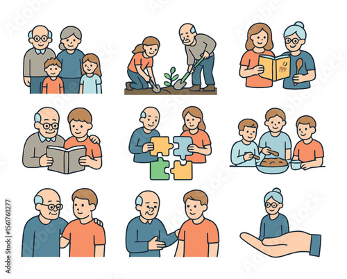 Intergenerational Teamwork Icons. Flat icon set of intergenerational teamwork: grandparents with children,