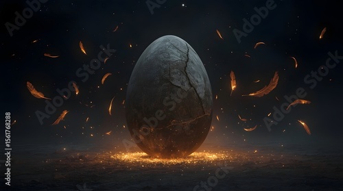 Mysterious Cracked Egg with Fiery Flames on a Dark Surface