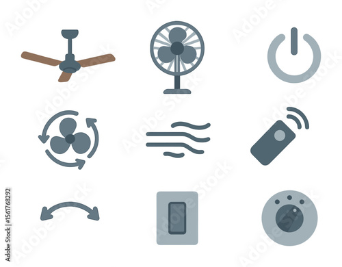 Fan Icon Collection. Flat icon set of turning on a fan: ceiling fan, standing fan, fan power button, rotating