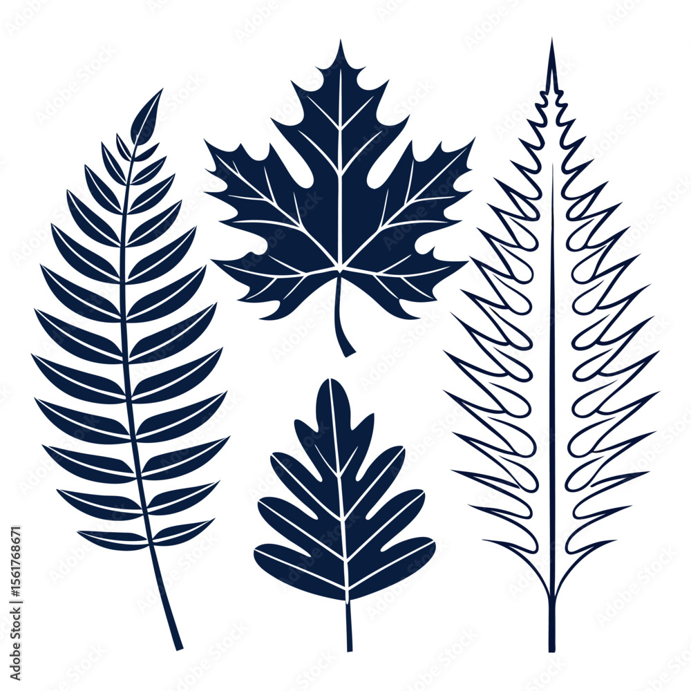 Obraz premium Collection of stylized leaf illustrations in navy blue 