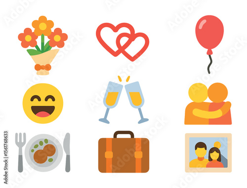 Friendship Celebration Icons. Flat icon set of celebrating friendship and love: bouquet of flowers,