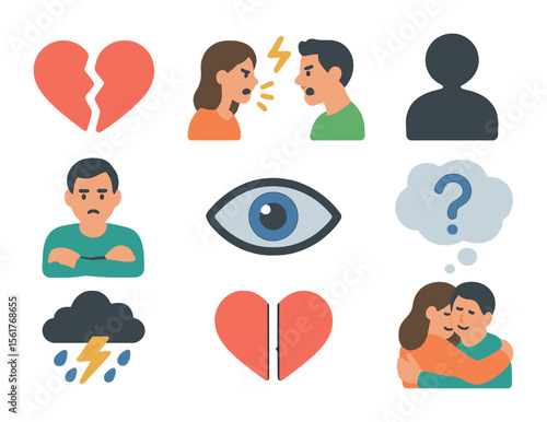 Coping with Jealousy Icons. Flat icon set of coping with relationship jealousy: broken heart, two people