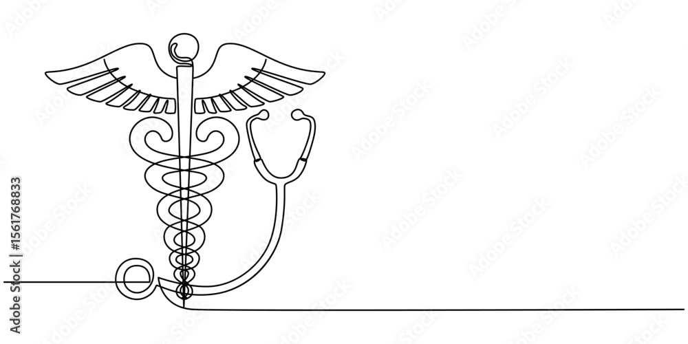 Staff Of Hermes Caduceus & Stethoscope continuous one line drawing, Medical symbol caduceus. Continuous One line drawing, Continuous single line art drawing of caduceus as a symbol of medicine outline Staff Of Hermes Caduceus & Stethoscope continuous one line drawing, Medical symbol caduceus. Continuous One line drawing, Continuous single line art drawing of caduceus as a symbol of medicine outline