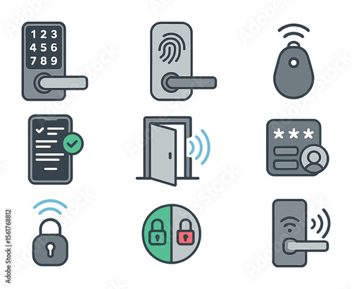 Smart Lock Icons. Flat icon set of smart locks and access control: keyless entry pad, fingerprint reader,