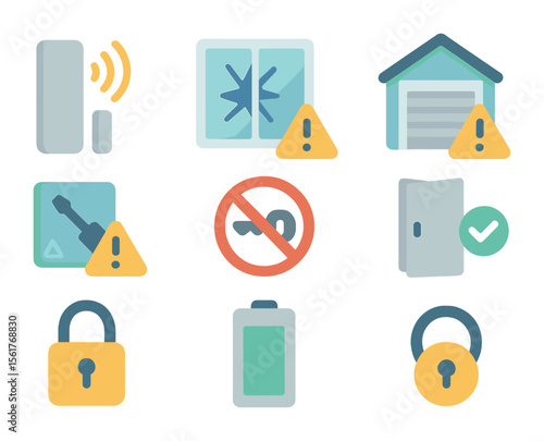 Entry Point Protection Icons. Flat icon set of entry point protection: smart door sensor, window break sensor,