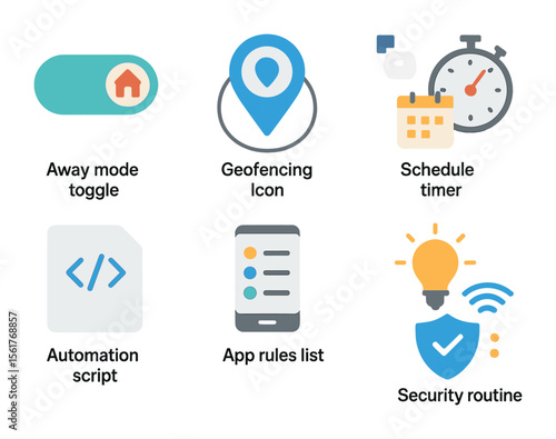 Security Automation Icons. Flat icon set of security automation features: away mode toggle, geofencing icon,
