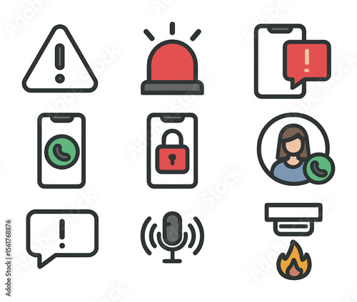 Emergency Icons Grid. Flat icon set of emergency notification and response: emergency alert icon, flashing