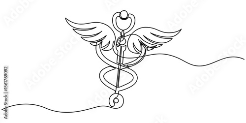 Staff Of Hermes Caduceus & Stethoscope continuous one line drawing, Medical symbol caduceus. Continuous One line drawing, Continuous single line art drawing of caduceus as a symbol of medicine outline