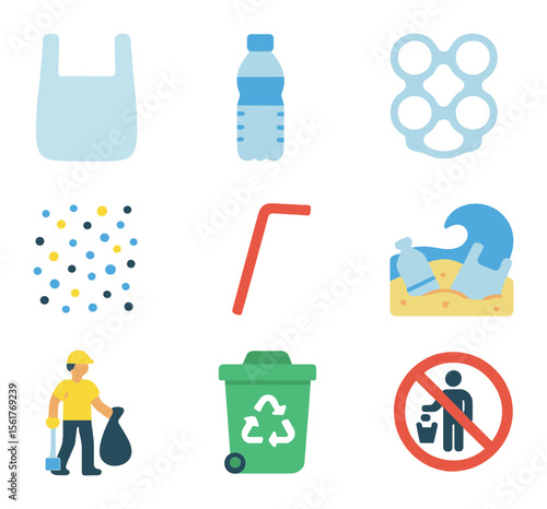 Plastic Pollution Icons. Flat icon set of plastic pollution awareness: plastic bag, water bottle, six-pack