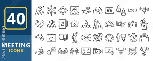 Vector art of 40 meeting icons isolated on white background, illustrating various aspects of inperson and virtual meetings