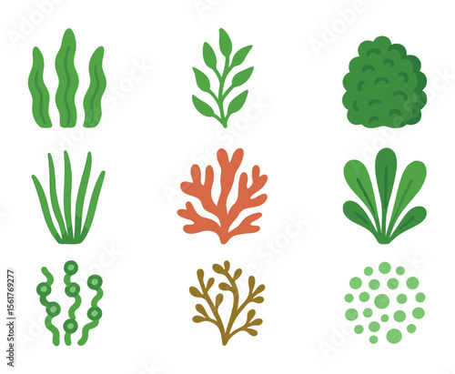 Sea Plant Icons. Flat icon set of sea plant life: seaweed, kelp frond, algae clump, seagrass blade, red algae,
