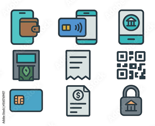 Digital Banking Icons. Flat icon set of digital payment and banking: mobile wallet, contactless card, online